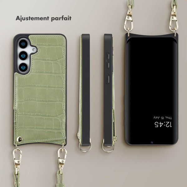 Selencia Coque de télephone Nova Croco avec cordon et porte-cartes Samsung Galaxy S25 - Sage Green
