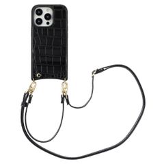 Selencia Coque de télephone Nova Croco avec cordon et porte-cartes Apple iPhone 16 Pro - Noir