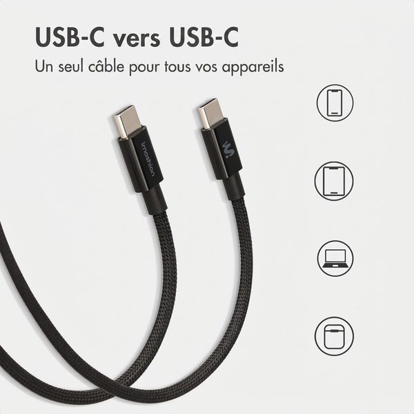imoshion Adapteur secteur - Chargeur - 2 ports USB-C 40 W + câble tressé USB-C vers USB-C 100 W - 1 mètre - Noir