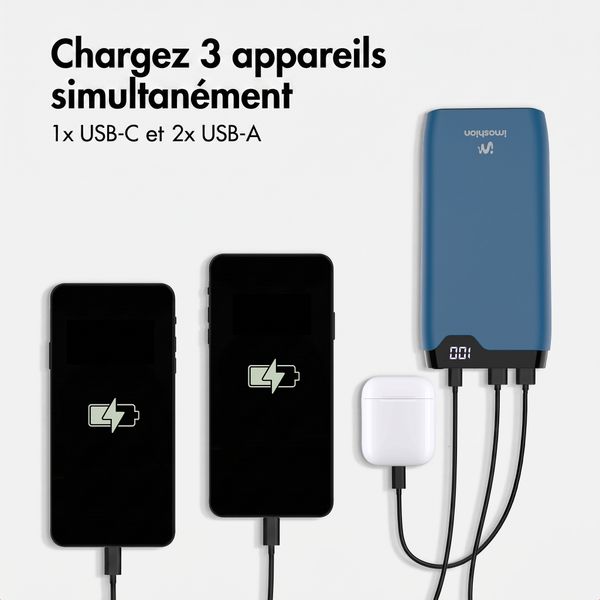 imoshion Batterie externe 20 000 mAh - Chargeur rapide 22,5 W - USB-C / USB-A - Bleu