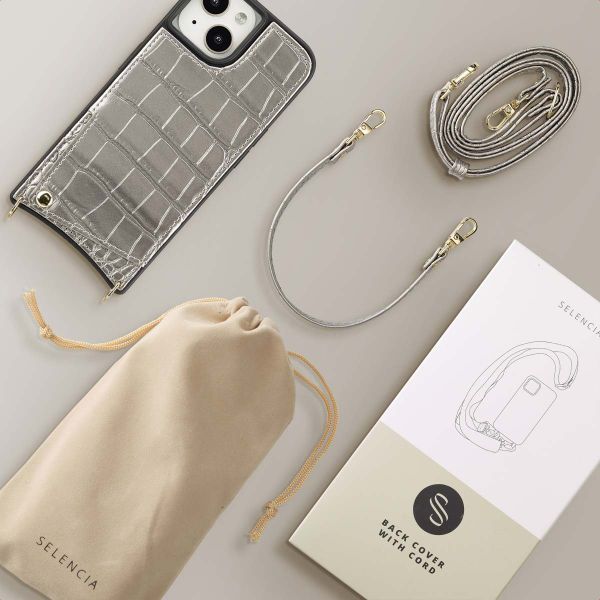 Selencia Coque de télephone Nova Croco avec cordon et porte-cartes Apple iPhone 15 - Argent