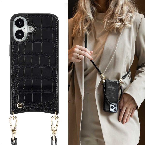 Selencia Coque de télephone Nova Croco avec cordon et porte-cartes Apple iPhone 16 - Noir