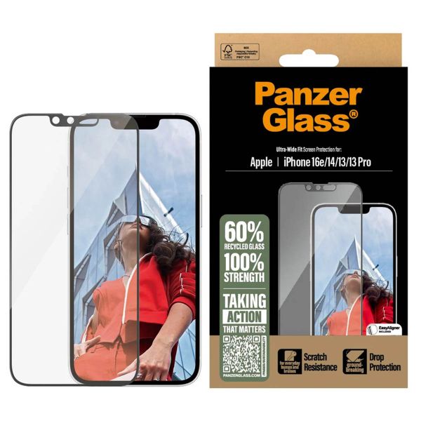 PanzerGlass Protection d'écran Ultra-Wide Fit Anti-bactérienne avec applicateur Apple iPhone 17e / 16e / 14 / 13 / 13 Pro