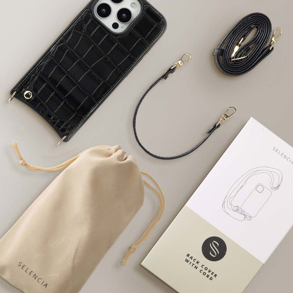 Selencia Coque de télephone Nova Croco avec cordon et porte-cartes Apple iPhone 16 Pro - Noir