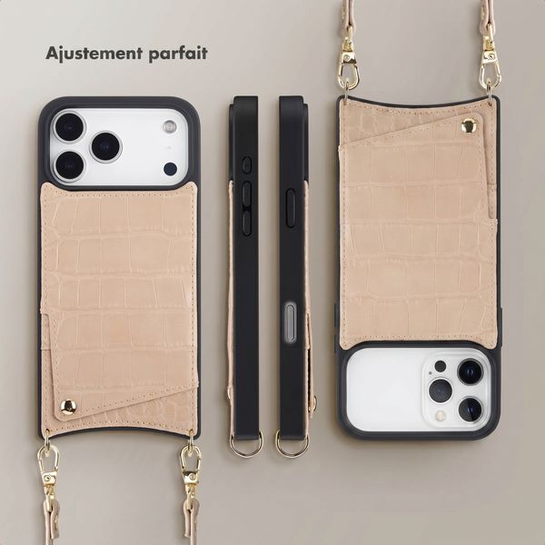 Selencia Coque de télephone Nova Croco avec cordon et porte-cartes Apple iPhone 18 Pro / 17 Pro - Beige