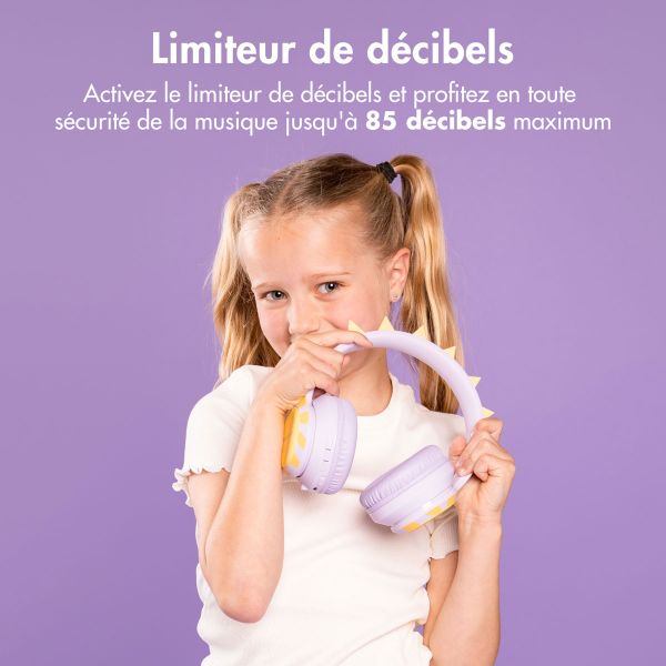 imoshion Casque sans fil pour enfants Dino LED Light - Limiteur de décibels - Avec câble AUX - Lavender Lilac / Yellow