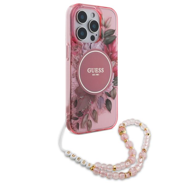 Guess MagSafe IML Flowers Case avec beads strap Apple iPhone 15 Pro Max - Pink