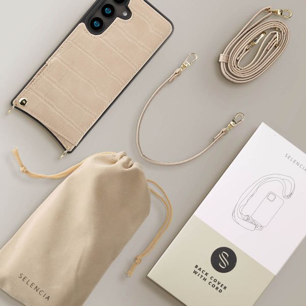 Selencia Coque de télephone Nova Croco avec cordon et porte-cartes Samsung Galaxy S24 - Beige