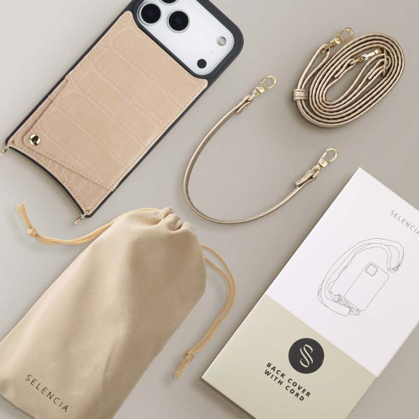 Selencia Coque de télephone Nova Croco avec cordon et porte-cartes Apple iPhone 17 Pro Max - Beige