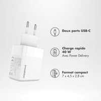 imoshion Adapteur secteur - Chargeur - 2 ports USB-C 40 W + câble tressé USB-C vers USB-C 60 W - 1 mètre - Blanc