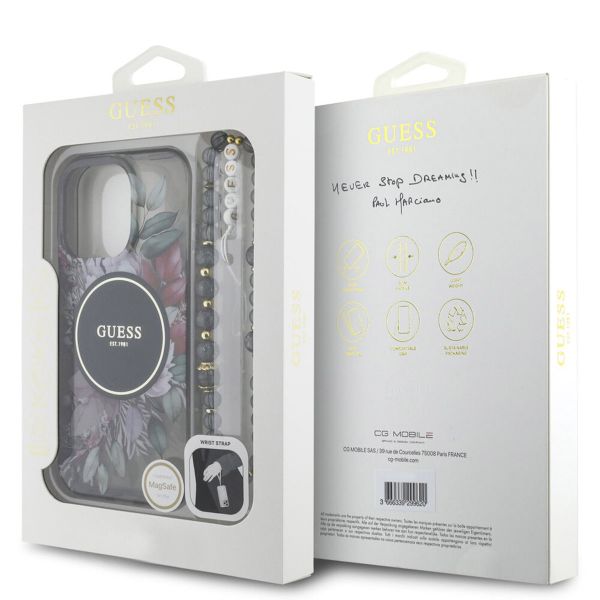 Guess MagSafe IML Flowers Case avec beads strap Apple iPhone 15 Pro Max - Noir