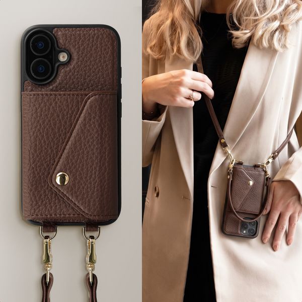 Selencia Coque de télephone Sera avec cordon et porte-cartes enveloppe Apple iPhone 16 - Chocolate Brown