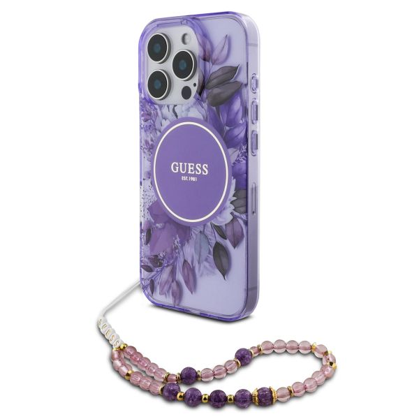 Guess MagSafe IML Flowers Case avec beads strap Apple iPhone 15 Pro - Purple