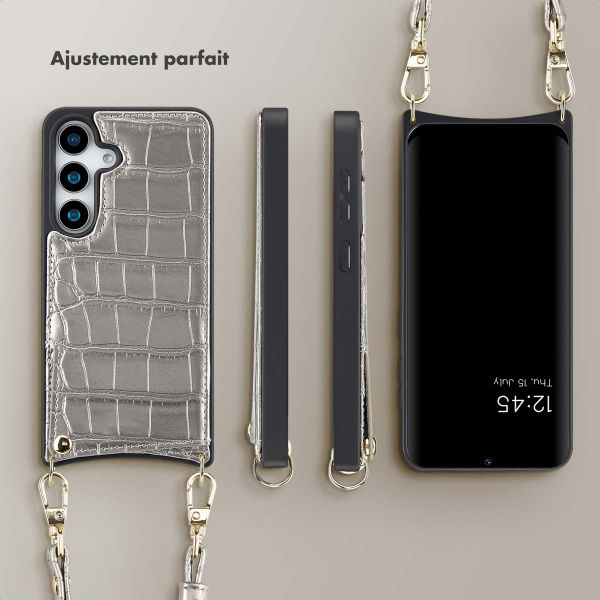 Selencia Coque de télephone Nova Croco avec cordon et porte-cartes Samsung Galaxy S25 - Argent