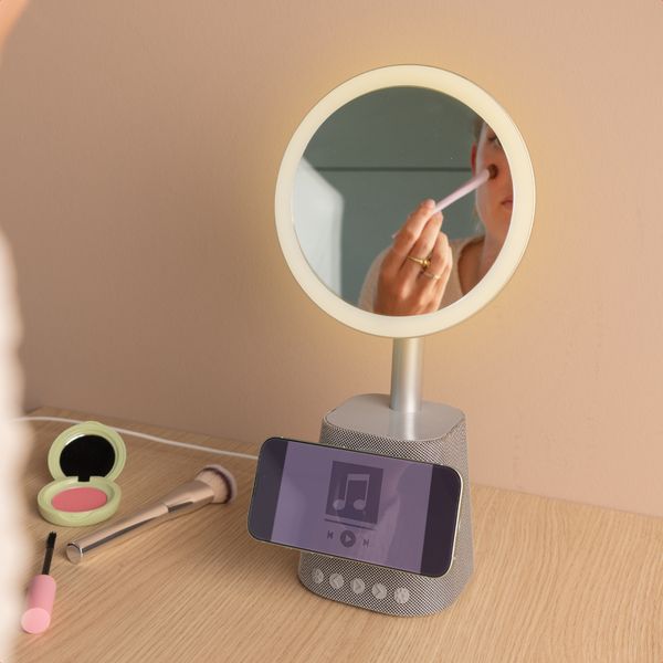 imoshion Miroir de maquillage avec haut-parleur Bluetooth et chargeur sans fil - Argenté