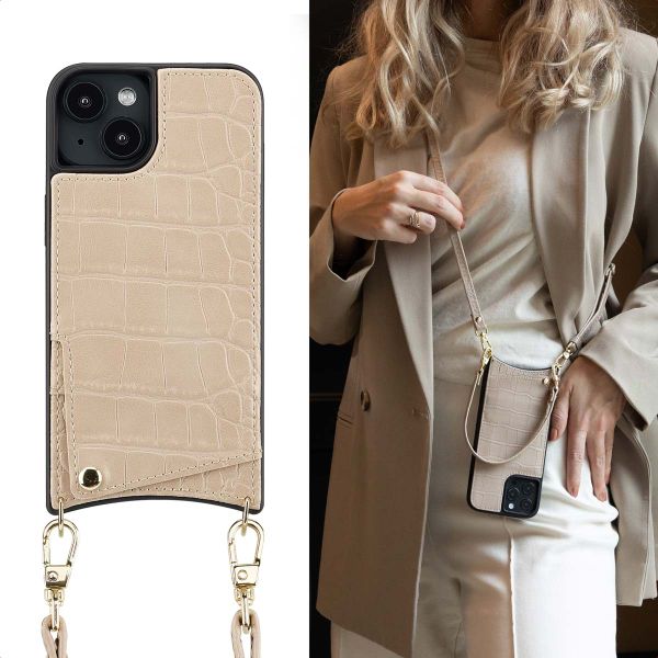 Selencia Coque de télephone Nova Croco avec cordon et porte-cartes Apple iPhone 14 / 13 - Beige