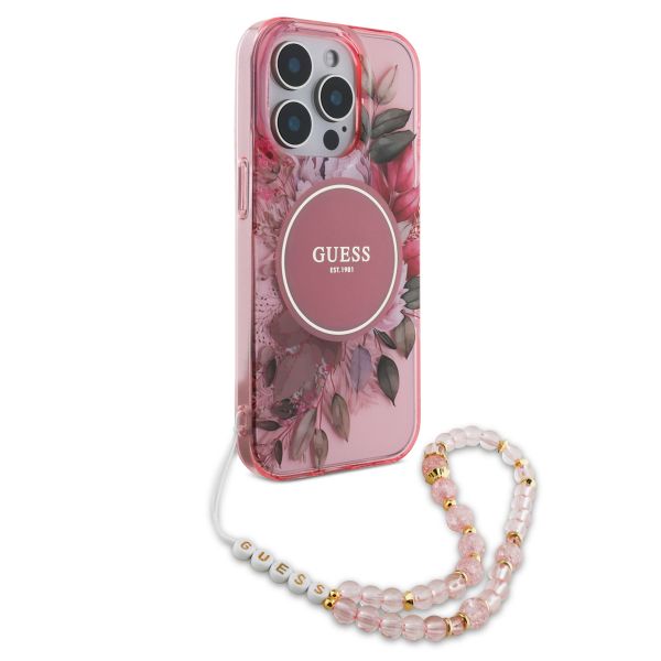 Guess MagSafe IML Flowers Case avec beads strap Apple iPhone 15 Pro - Pink