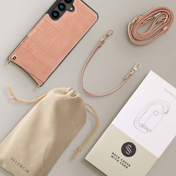 Selencia Coque de télephone Nova Croco avec cordon et porte-cartes Samsung Galaxy S24 - Old Pink