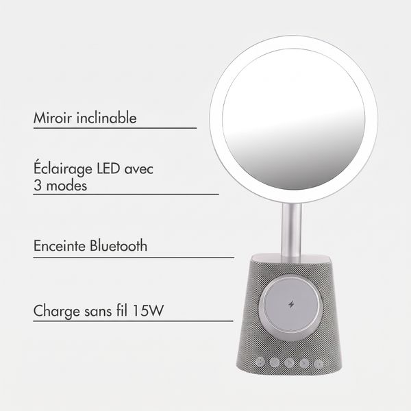 imoshion Miroir de maquillage avec haut-parleur Bluetooth et chargeur sans fil - Argenté