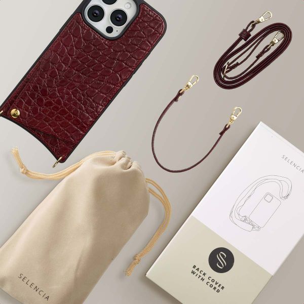Selencia Coque de télephone Nova Croco avec cordon et porte-cartes Apple iPhone 16 Pro - Burgundy