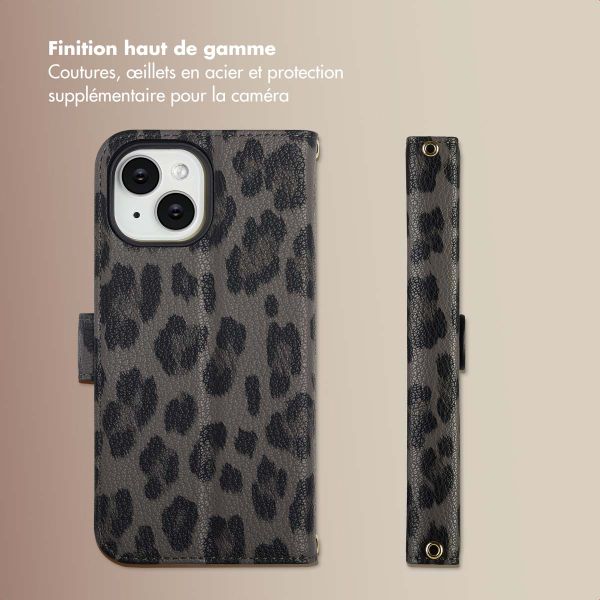 Selencia Étui de télephone portefeuille imprimé léopard Sabi Apple iPhone 15 - Midnight Black