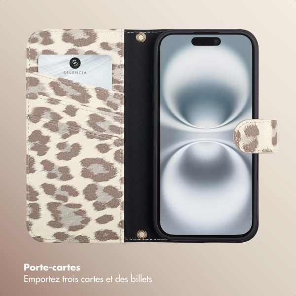 Selencia Étui de télephone portefeuille imprimé léopard Sabi Apple iPhone 16 - Soft Ivory