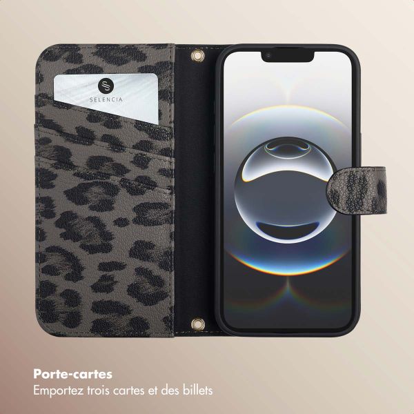 Selencia Étui de télephone portefeuille imprimé léopard Sabi Apple iPhone 17e / 16e - Midnight Black