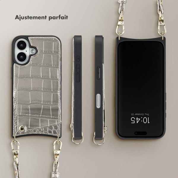 Selencia Coque de télephone Nova Croco avec cordon et porte-cartes Apple iPhone 16 - Argent