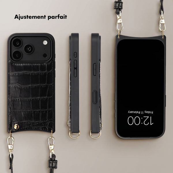 Selencia Coque de télephone Nova Croco avec cordon et porte-cartes Apple iPhone 18 Pro / 17 Pro - Noir
