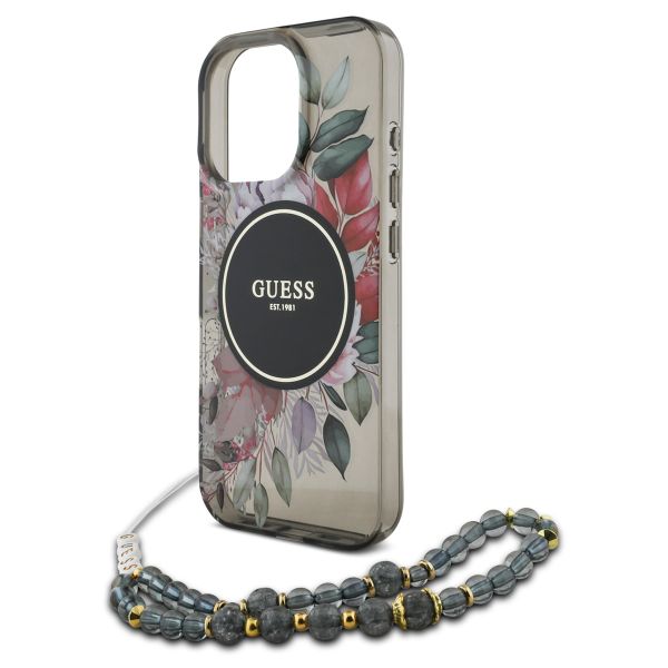 Guess MagSafe IML Flowers Case avec beads strap Apple iPhone 15 Pro - Noir
